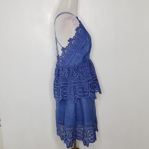 NEW self-portrait Lace Peplum Dress Blue Plunging Neck Revolve Women 2 - Picture 3 of 15